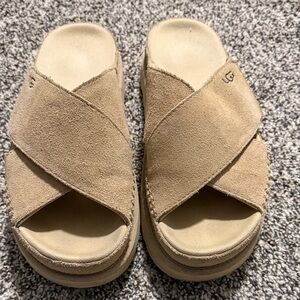 UGG Beige Suede Crossband Platform Slides